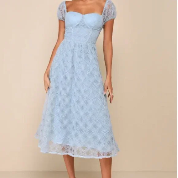 Lulus | Dresses | Elegant Blue Floral Applique Bustier Midi Dress | Poshmark Lulus | Dresses | Elegant Blue Floral Applique Bustier Midi Dress | Poshmark